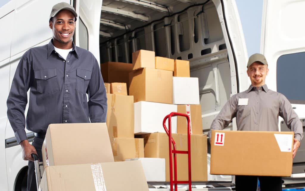 2 men holding box of packers and movers in dubai